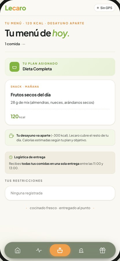 App Lecaro: menú de hoy con snacks, almuerzo y cena